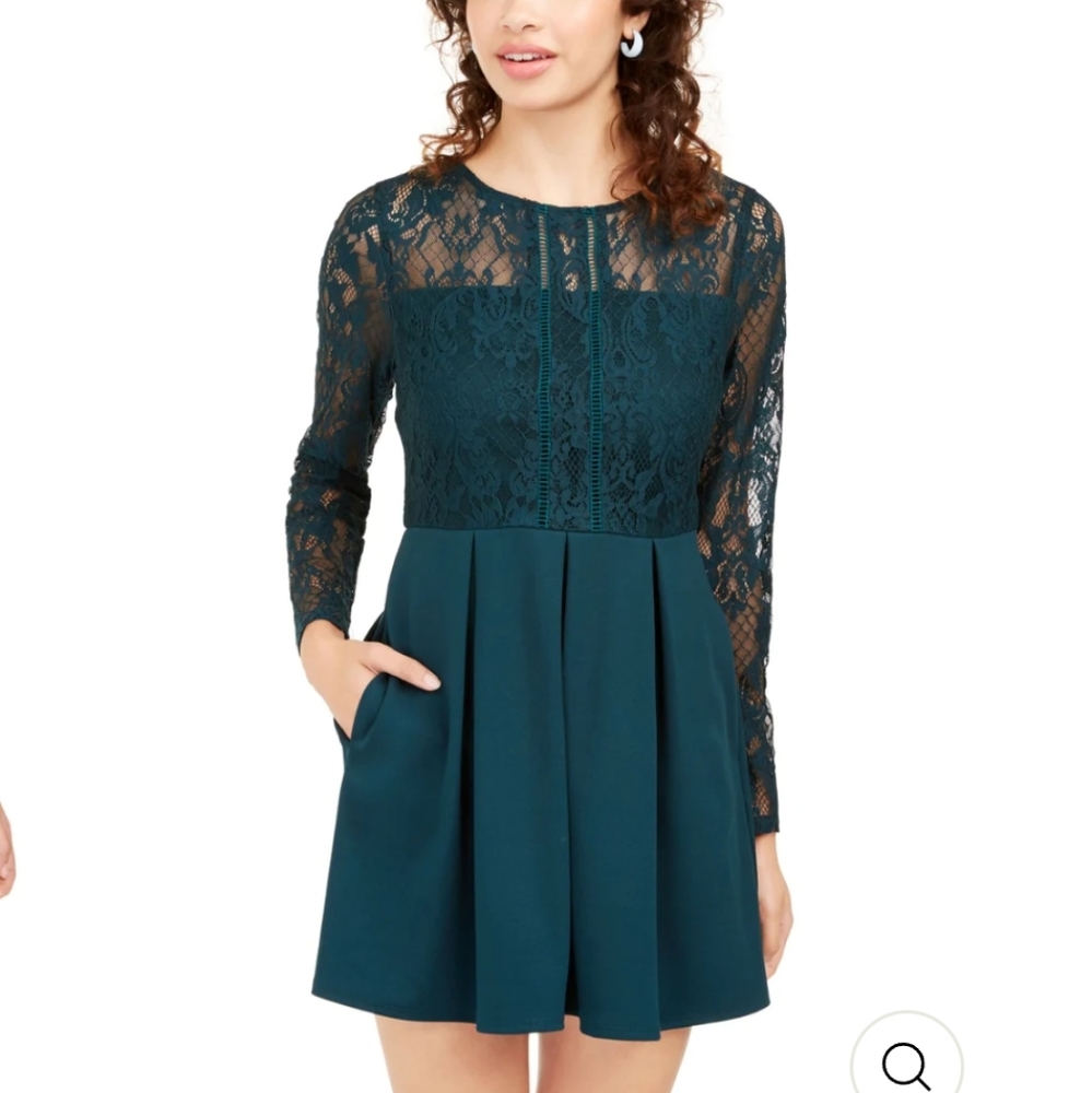 Speechless Peacock Green Long Sleeve Dress with Lace Bodice and Pockets